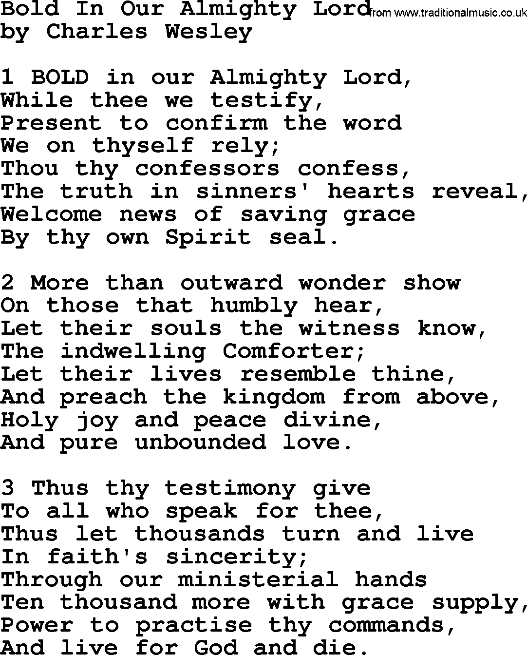 Charles Wesley hymn: Bold In Our Almighty Lord, lyrics