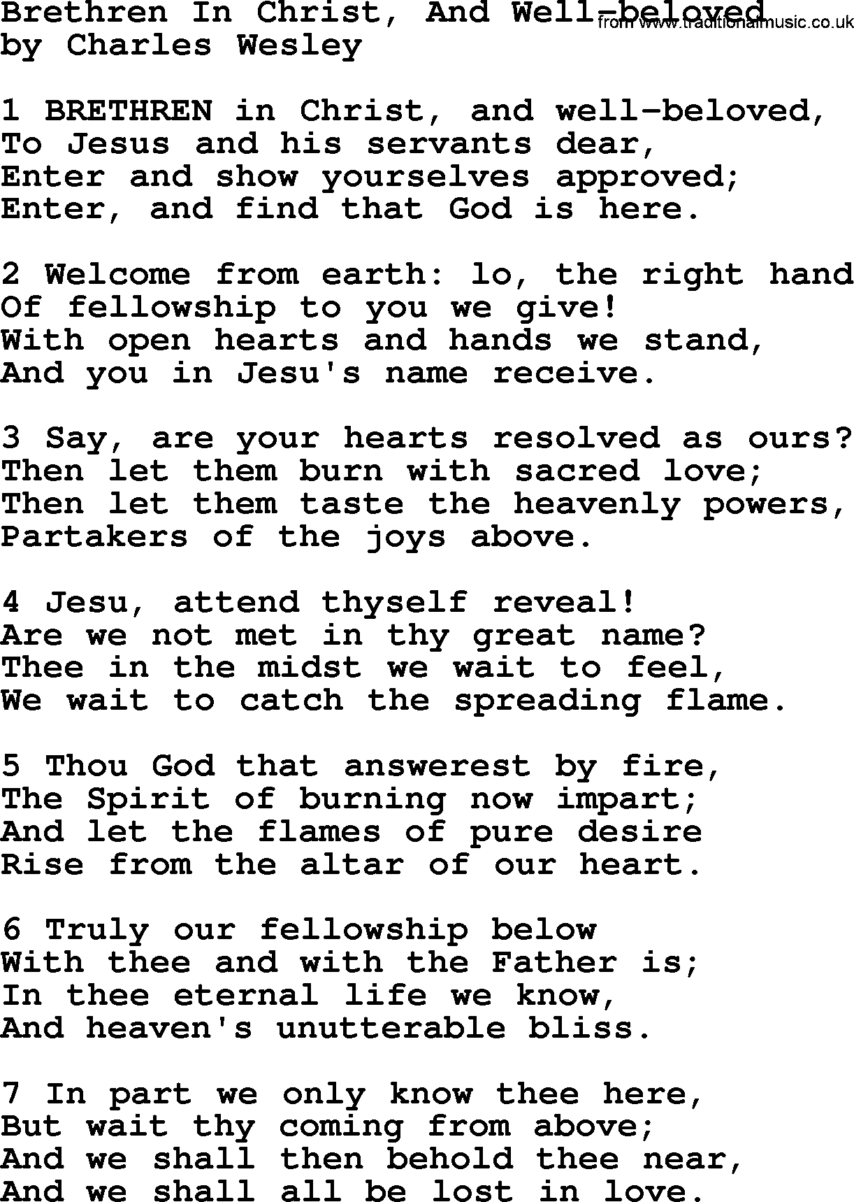 Charles Wesley hymn: Brethren In Christ, And Well-beloved, lyrics