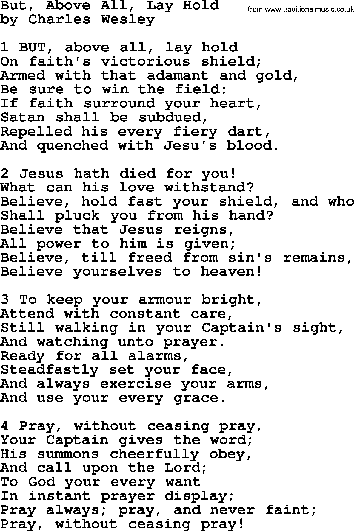 Charles Wesley hymn: But, Above All, Lay Hold, lyrics