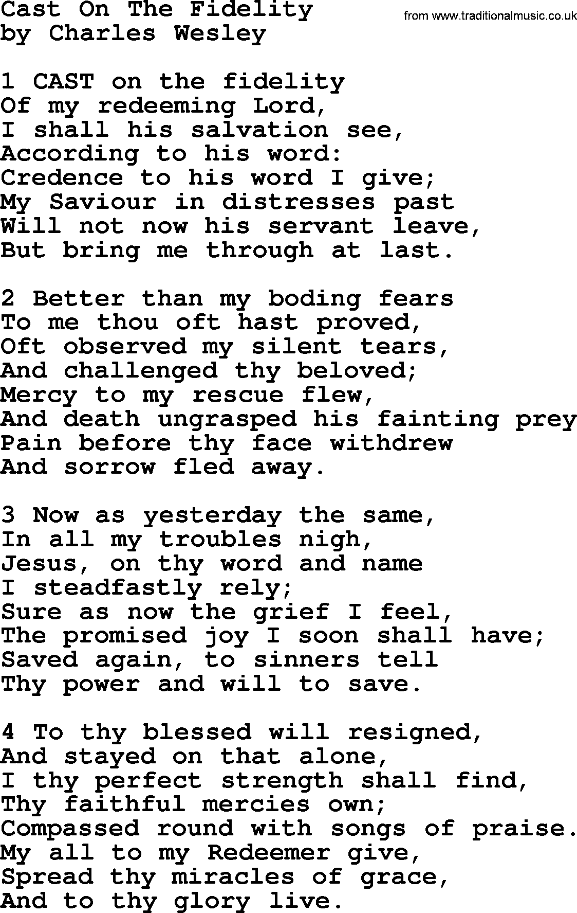 Charles Wesley hymn: Cast On The Fidelity, lyrics
