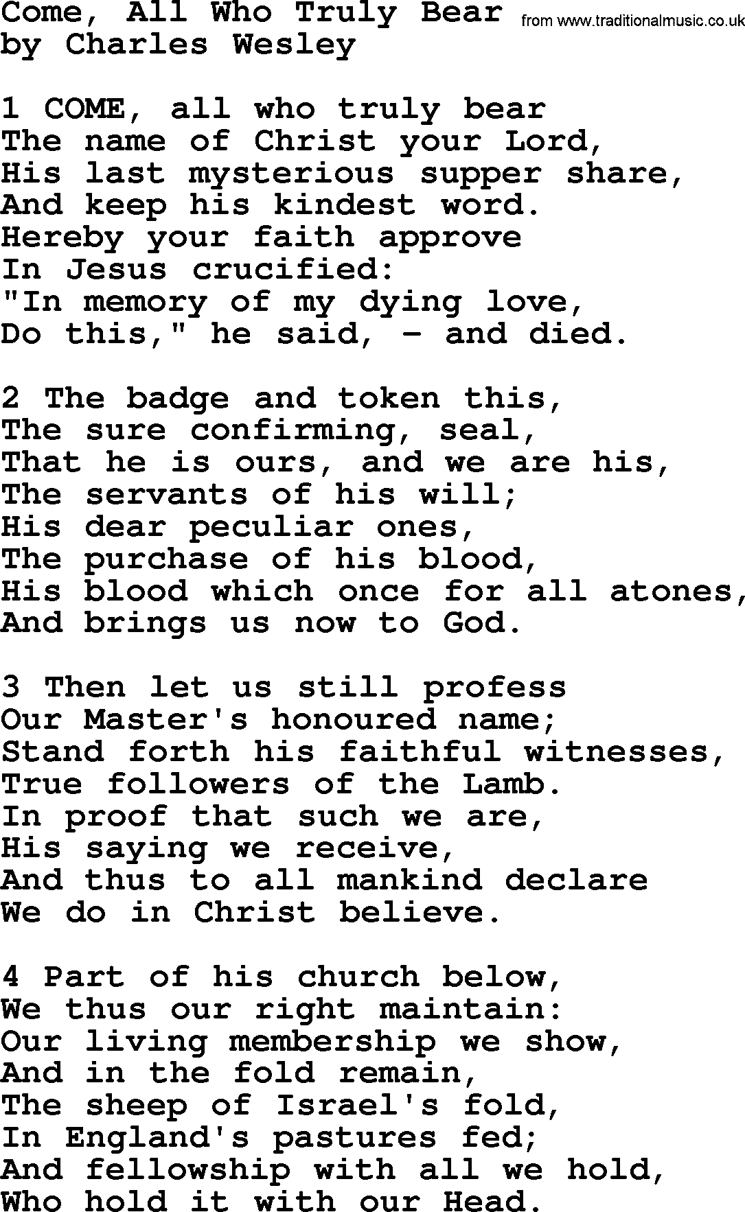 Charles Wesley hymn: Come, All Who Truly Bear, lyrics