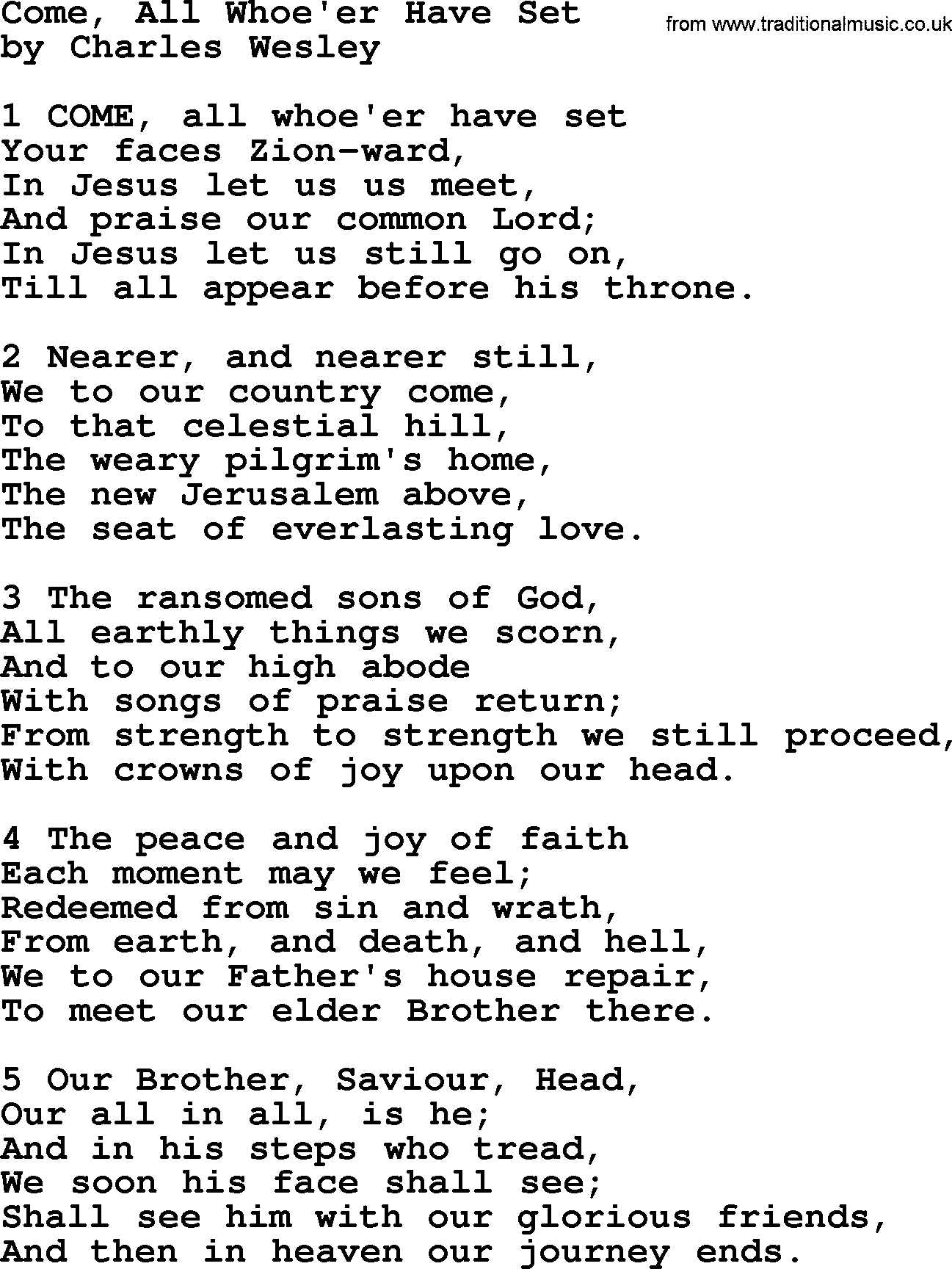 Charles Wesley hymn: Come, All Whoe'er Have Set, lyrics