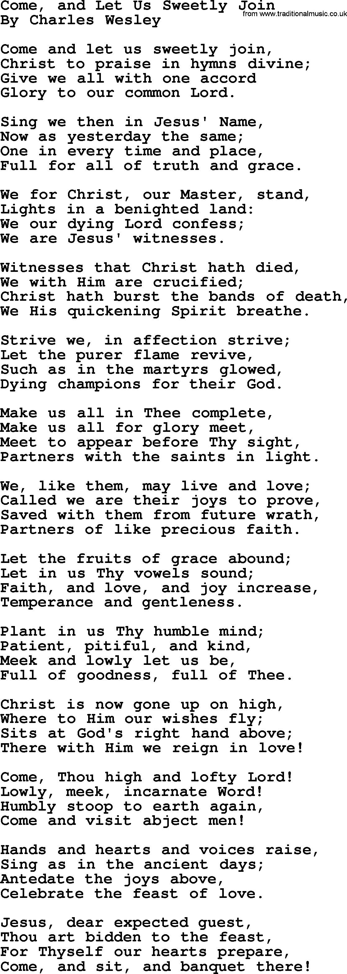 Charles Wesley hymn: Come, And Let Us Sweetly Join, lyrics