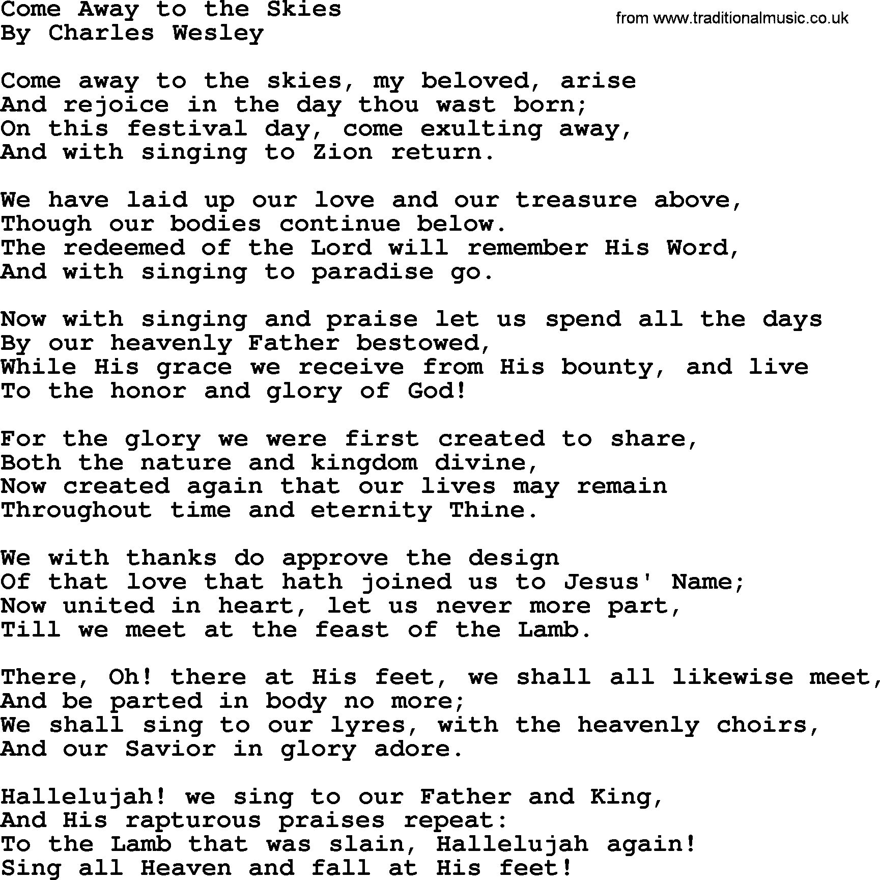 Charles Wesley hymn: Come Away To The Skies, lyrics