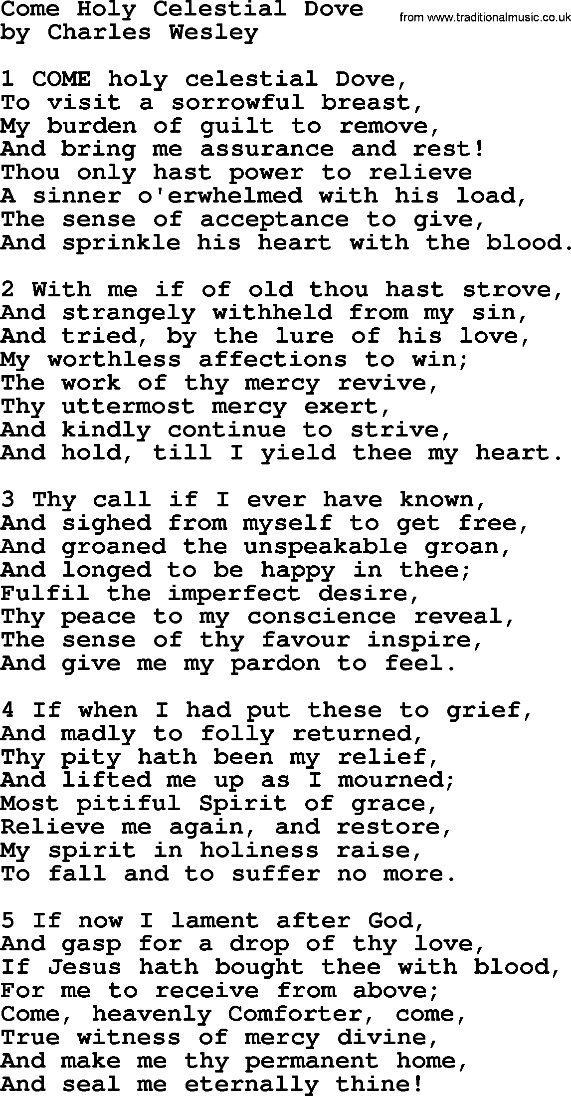 Charles Wesley hymn: Come Holy Celestial Dove, lyrics