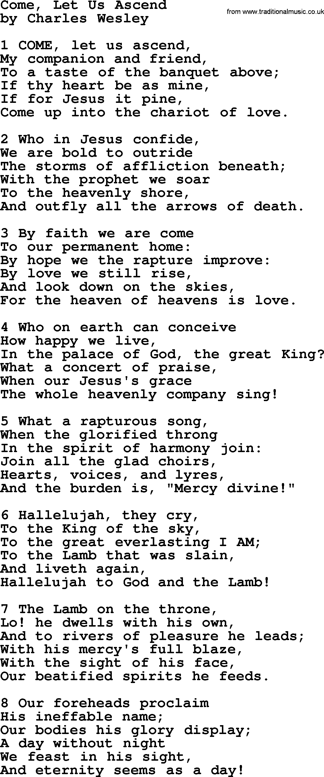 Charles Wesley hymn: Come, Let Us Ascend, lyrics