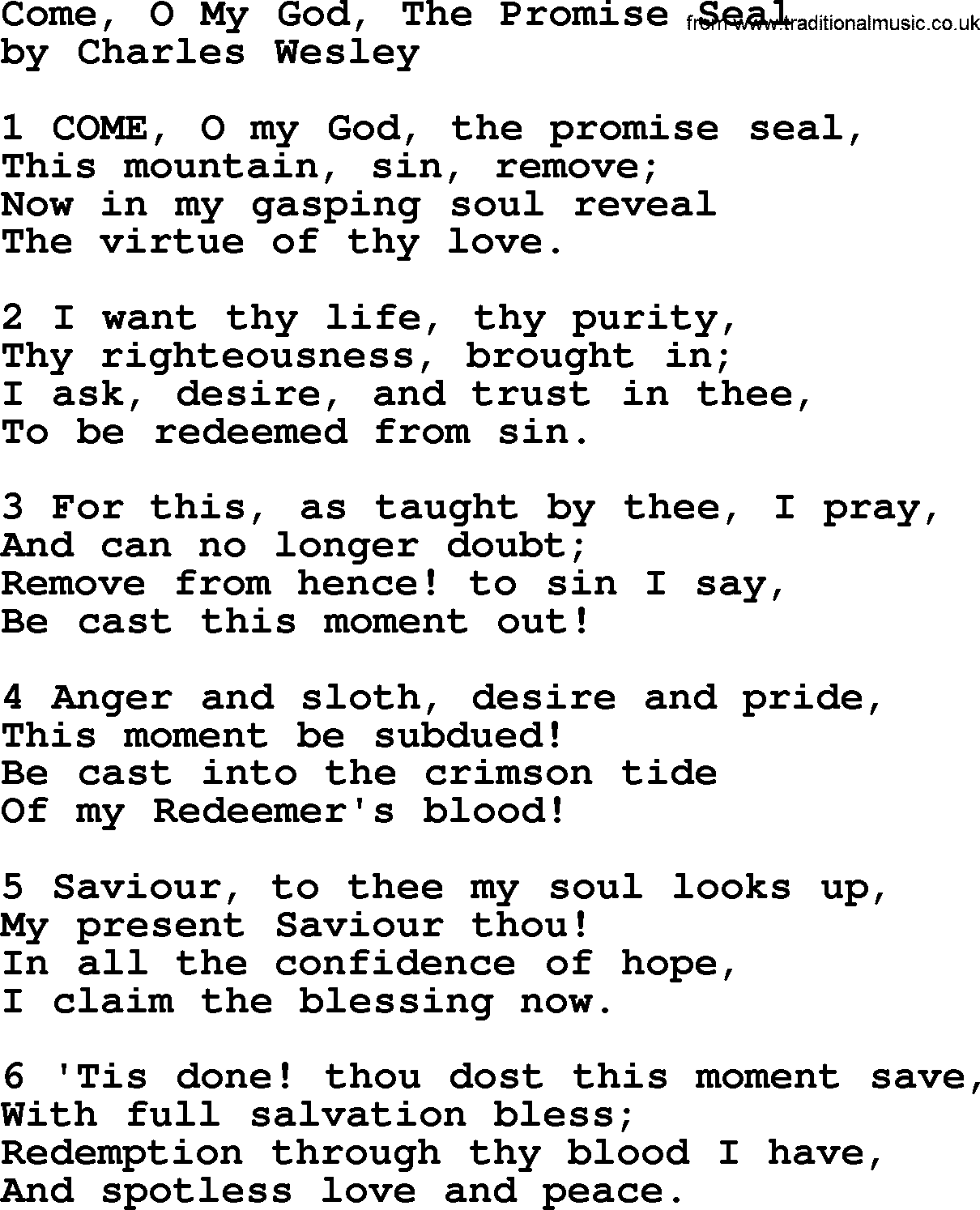 Charles Wesley hymn: Come, O My God, The Promise Seal, lyrics