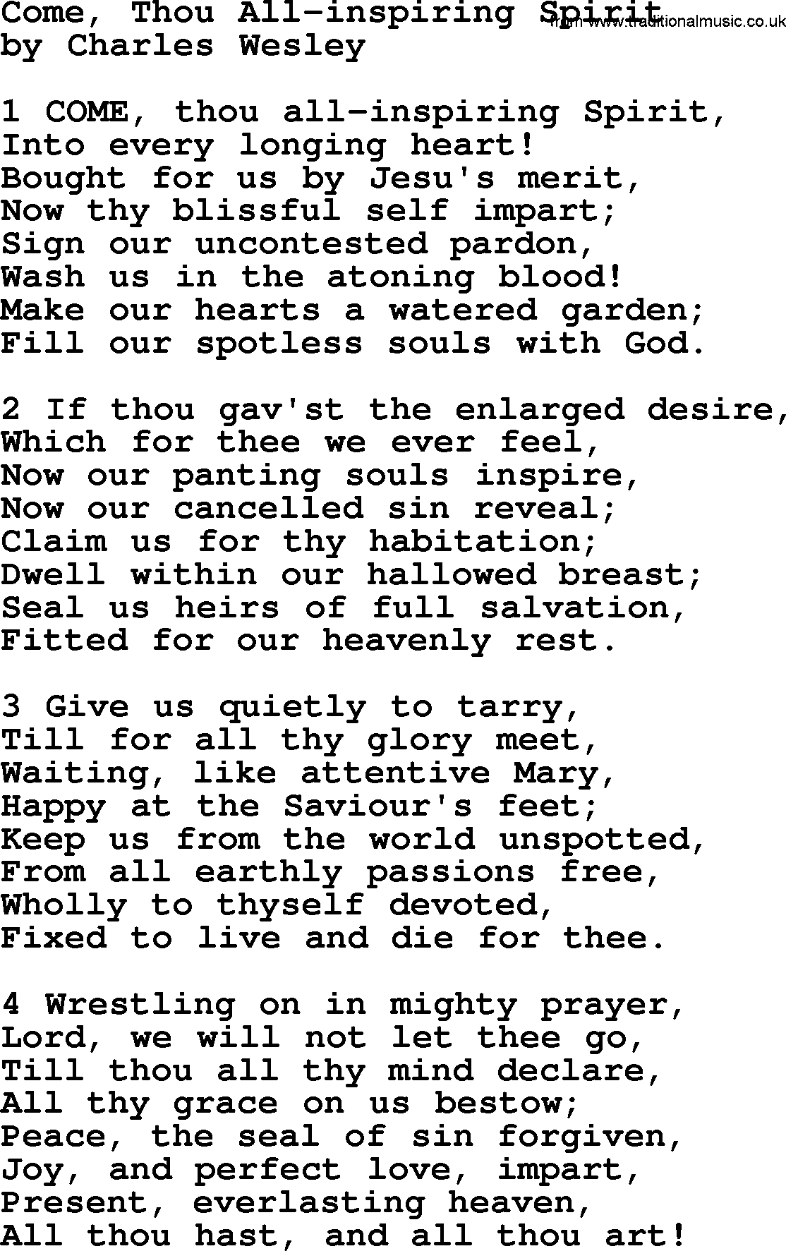 Charles Wesley hymn: Come, Thou All-inspiring Spirit, lyrics