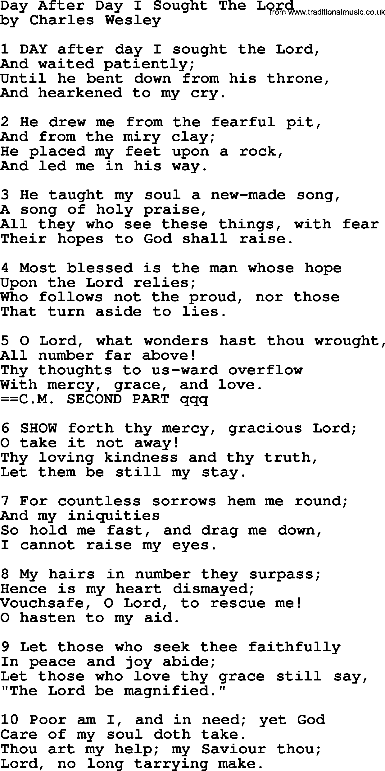 Charles Wesley hymn: Day After Day I Sought The Lord, lyrics