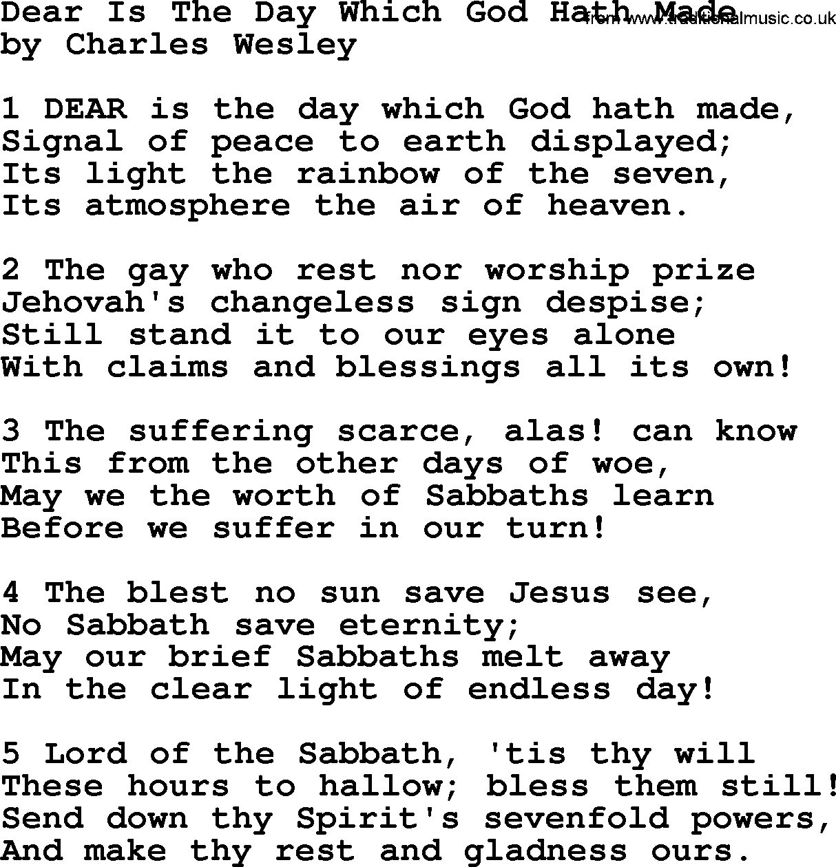 Charles Wesley hymn: Dear Is The Day Which God Hath Made, lyrics