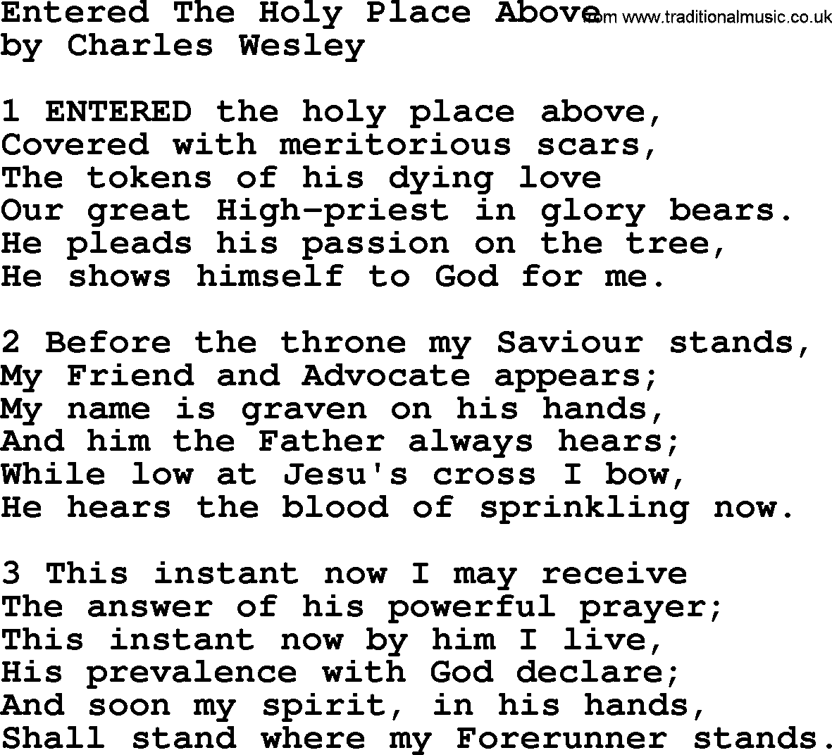 Charles Wesley hymn: Entered The Holy Place Above, lyrics