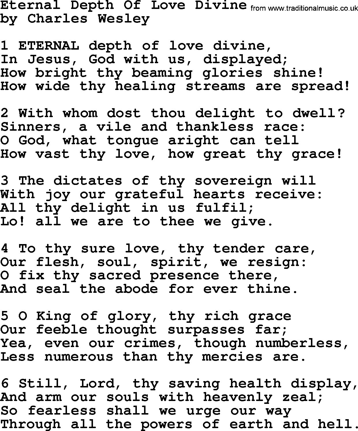 Charles Wesley hymn: Eternal Depth Of Love Divine, lyrics