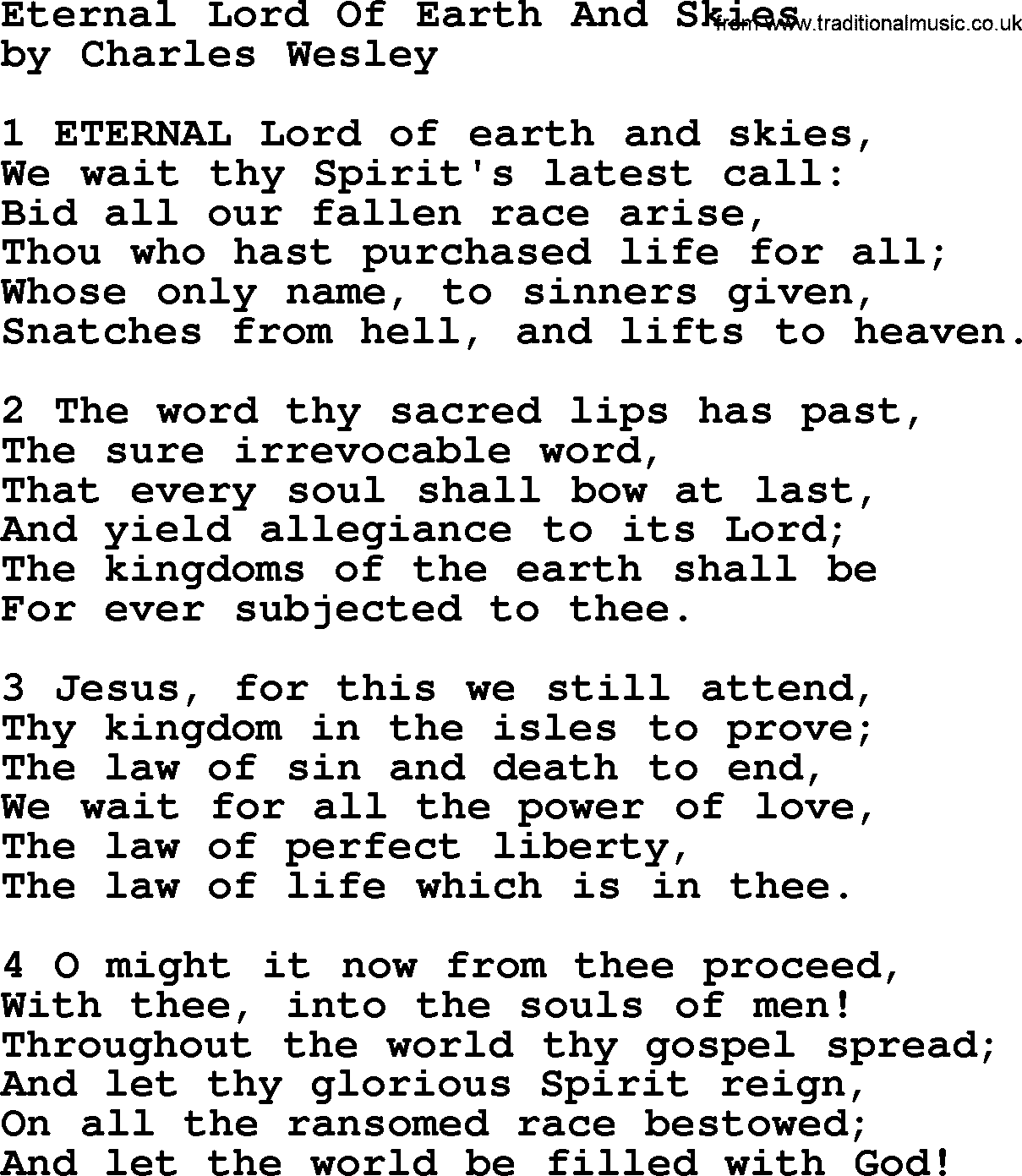 Charles Wesley hymn: Eternal Lord Of Earth And Skies, lyrics
