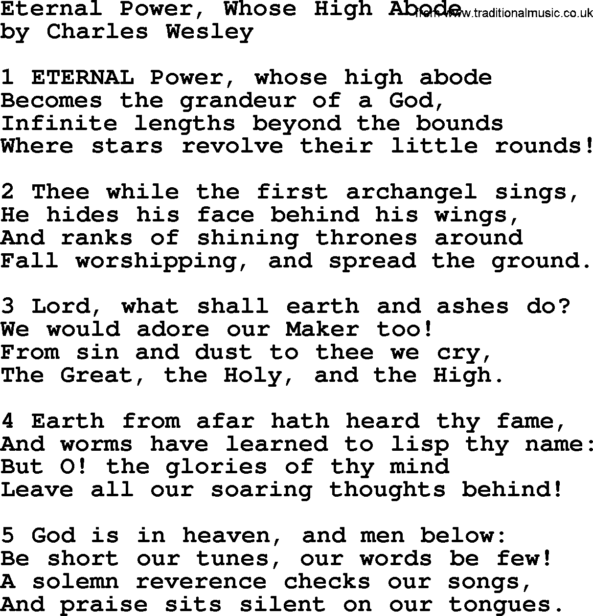 Charles Wesley hymn: Eternal Power, Whose High Abode, lyrics
