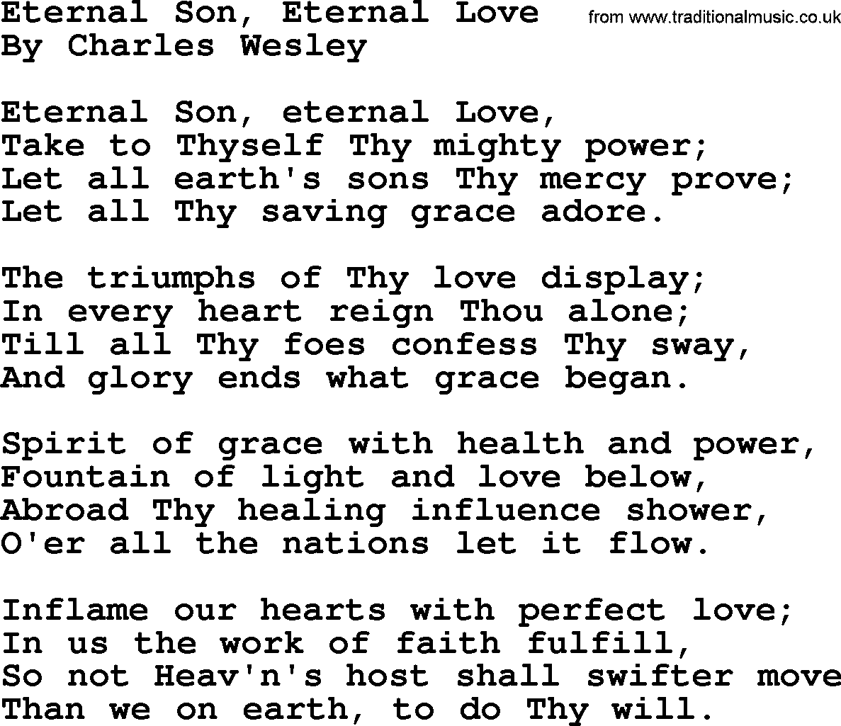 Charles Wesley hymn: Eternal Son, Eternal Love, lyrics