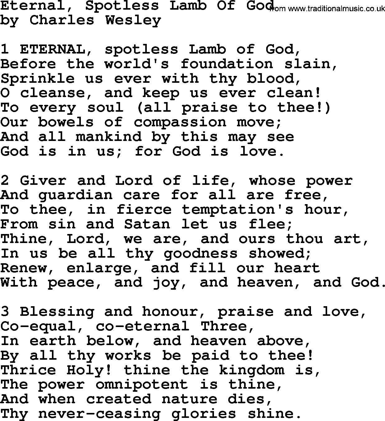Charles Wesley hymn: Eternal, Spotless Lamb Of God, lyrics