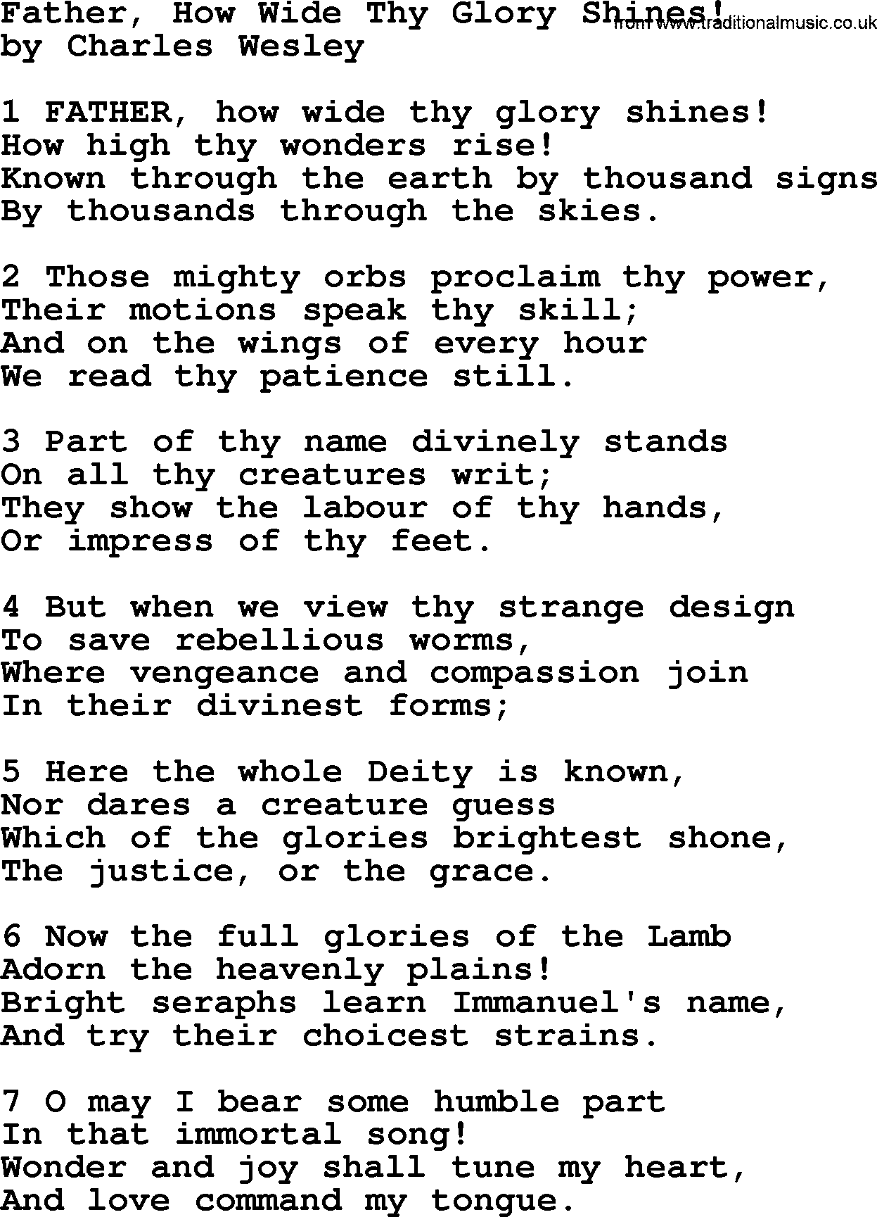 Charles Wesley hymn: Father, How Wide Thy Glory Shines!, lyrics