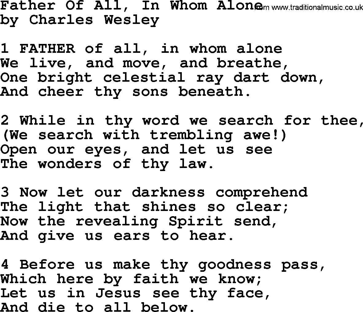 Charles Wesley hymn: Father Of All, In Whom Alone, lyrics