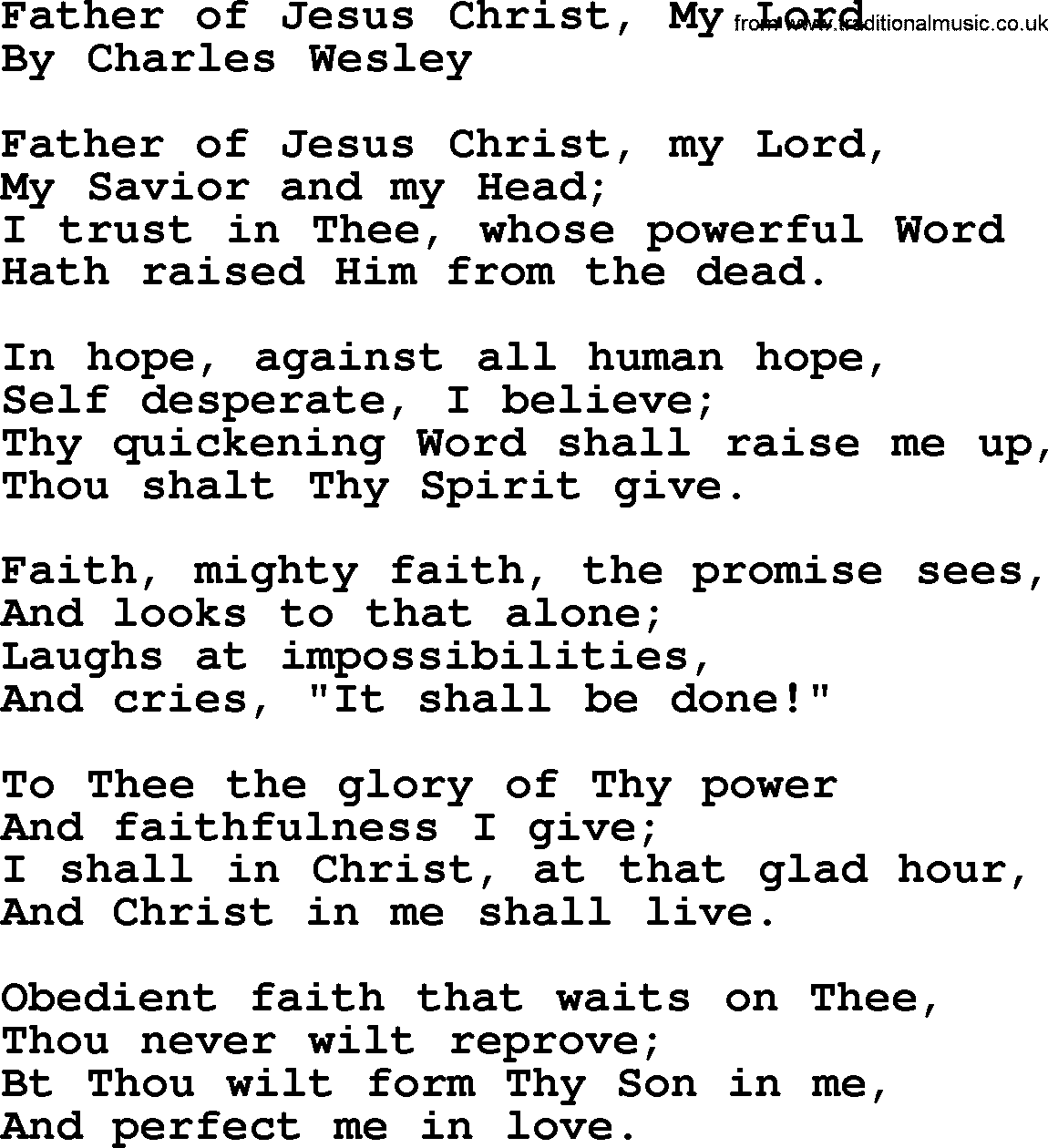 Charles Wesley hymn: Father of Jesus Christ, My Lord, lyrics