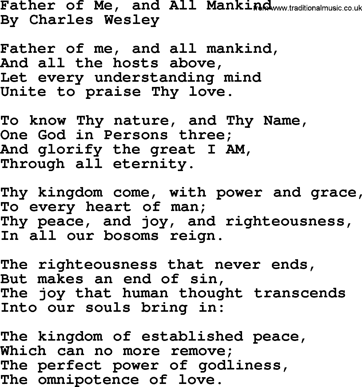 Charles Wesley hymn: Father Of Me, And All Mankind, lyrics