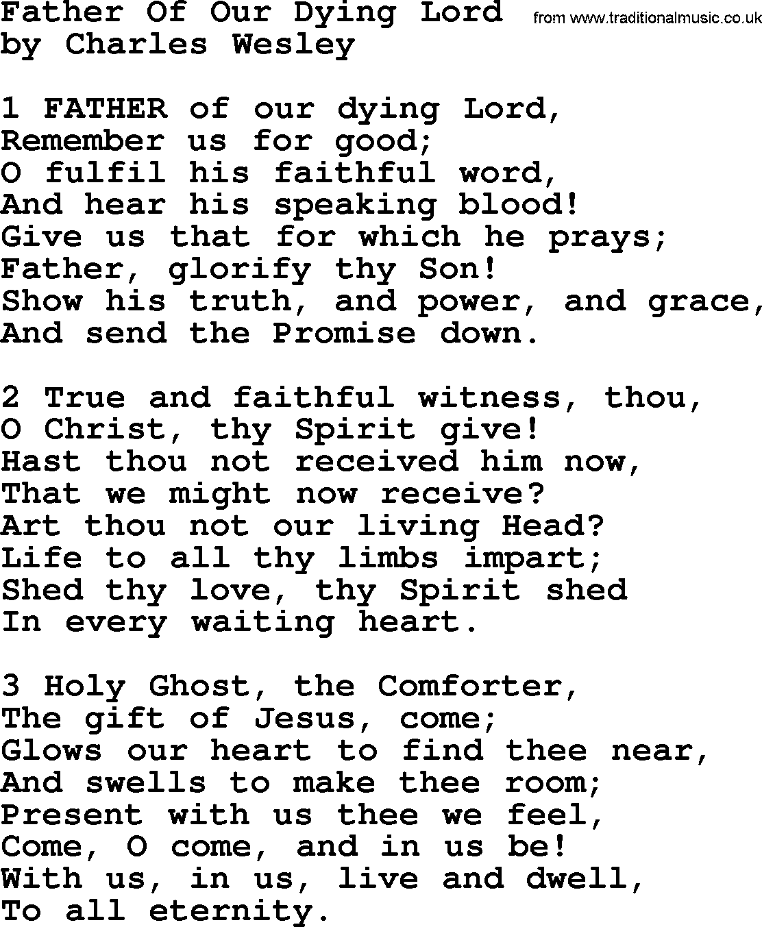 Charles Wesley hymn: Father Of Our Dying Lord, lyrics