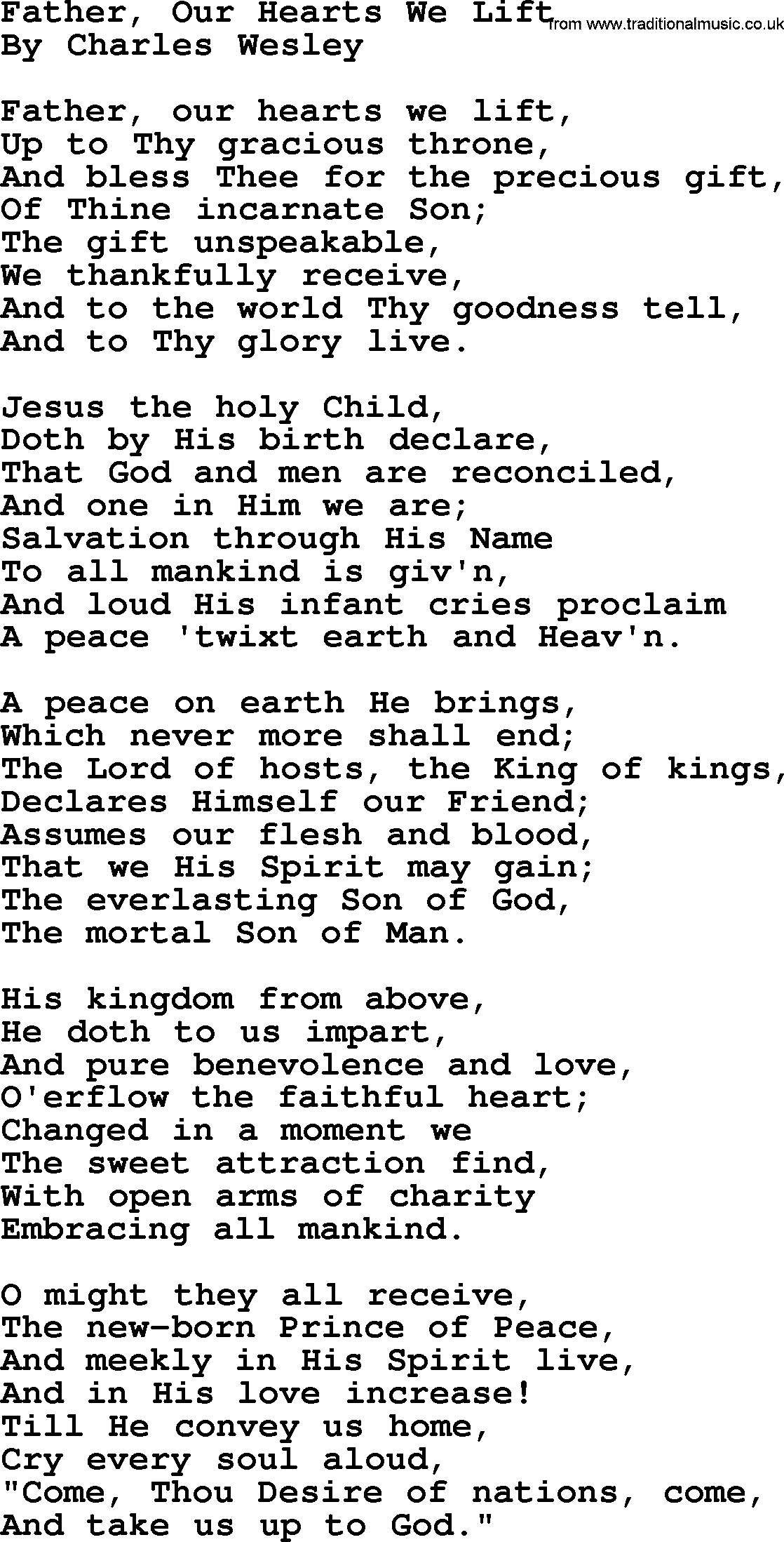 Charles Wesley hymn: Father, Our Hearts We Lift, lyrics
