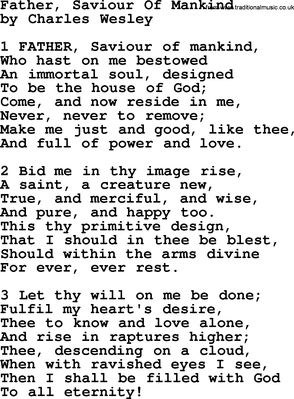 Charles Wesley hymn: Father, Saviour Of Mankind, lyrics