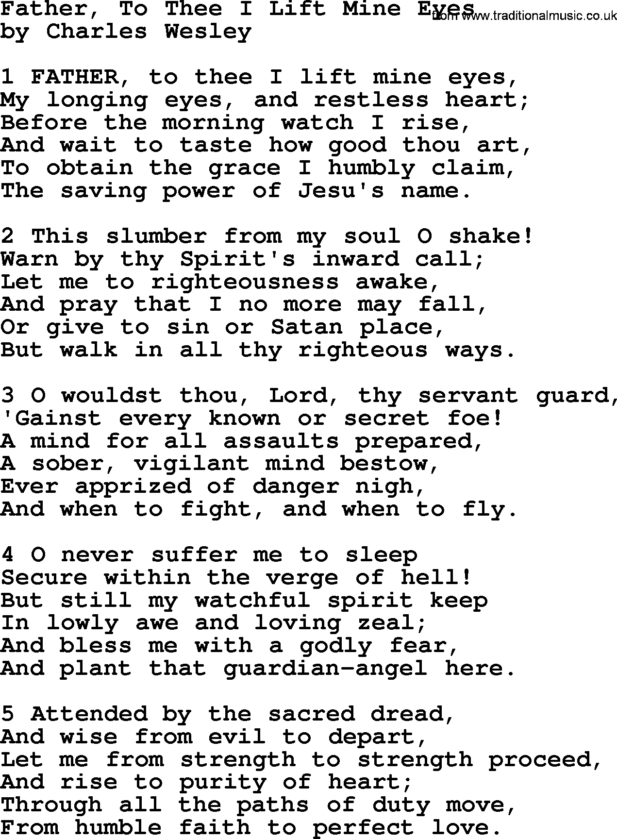 Charles Wesley hymn: Father, To Thee I Lift Mine Eyes, lyrics