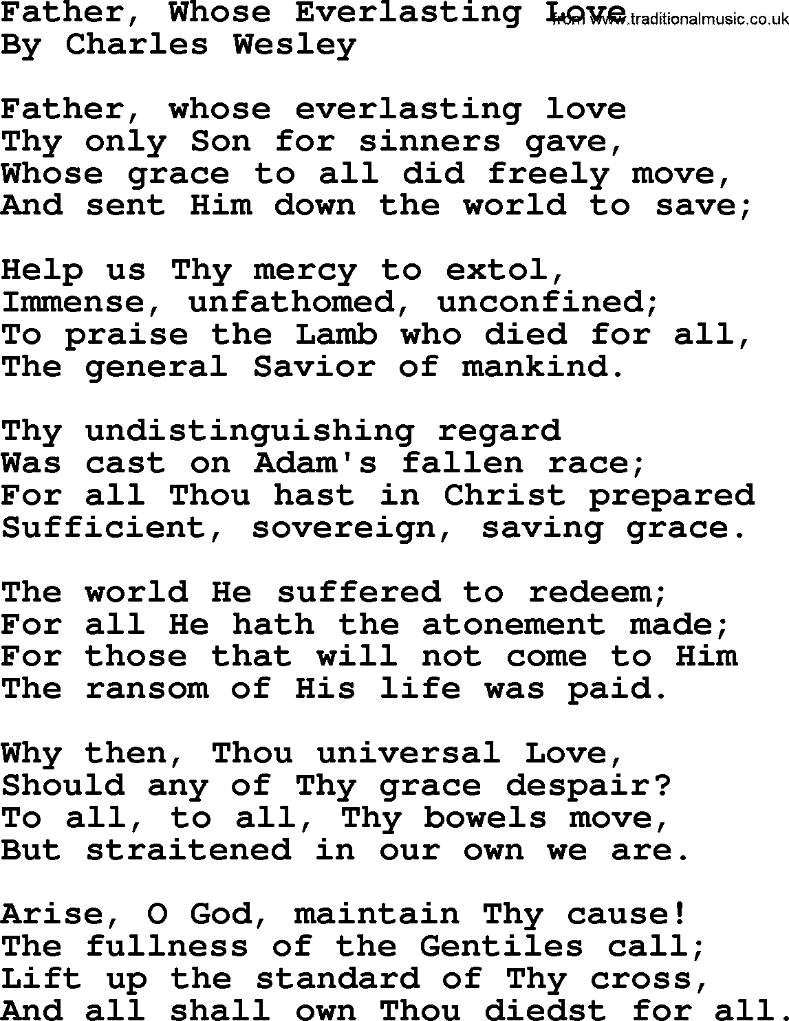 Charles Wesley hymn: Father, Whose Everlasting Love, lyrics