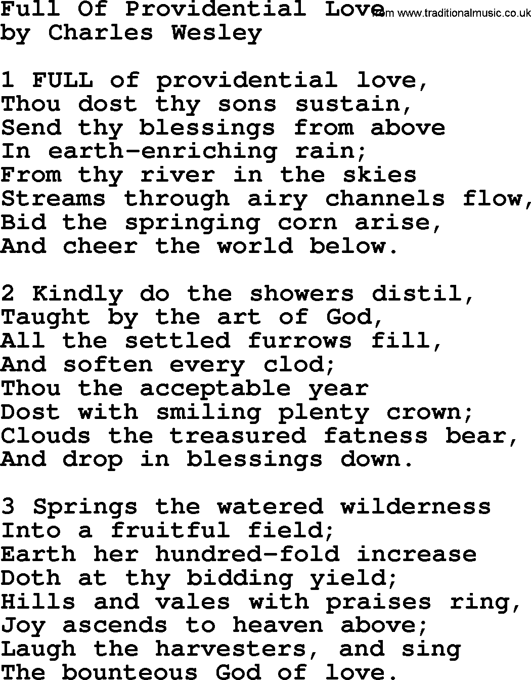 Charles Wesley hymn: Full Of Providential Love, lyrics