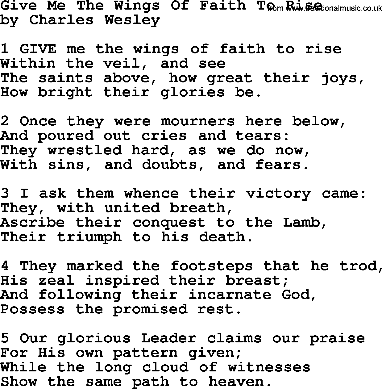 Charles Wesley hymn: Give Me The Wings Of Faith To Rise, lyrics