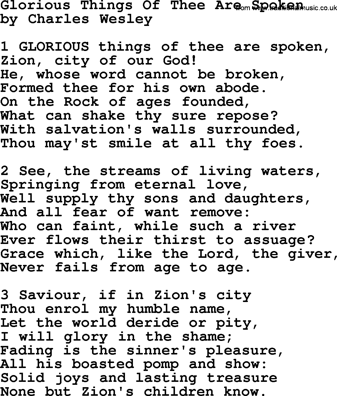 Charles Wesley hymn: Glorious Things Of Thee Are Spoken, lyrics