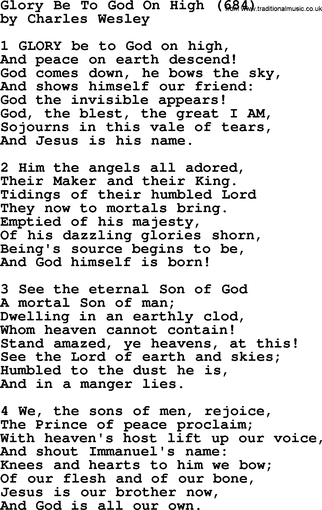 Charles Wesley hymn: Glory Be To God On High (684), lyrics