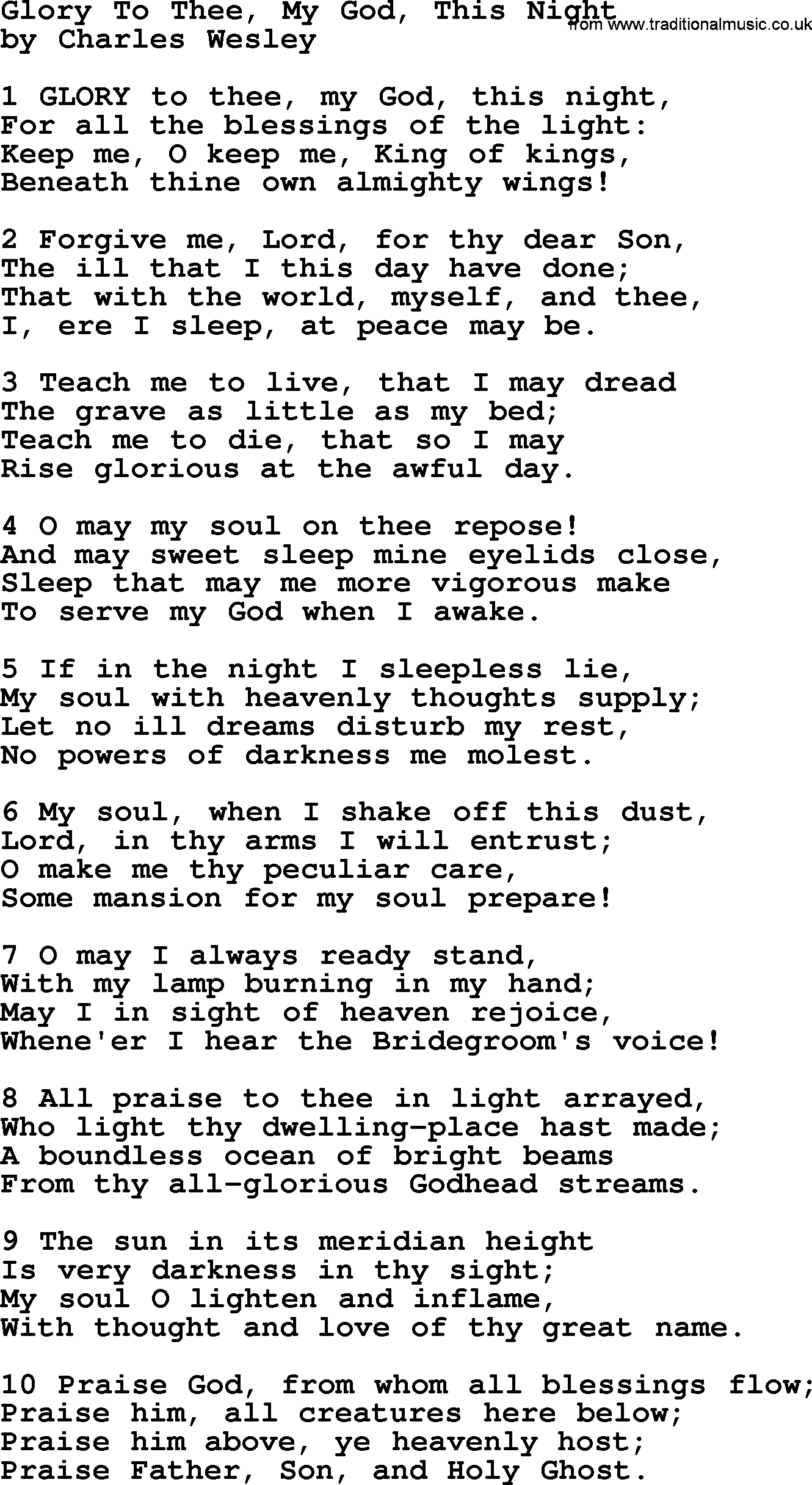 Charles Wesley hymn: Glory To Thee, My God, This Night, lyrics