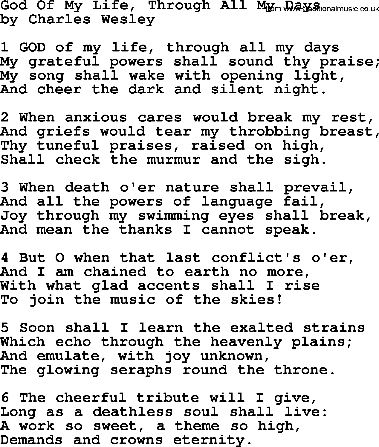 Charles Wesley hymn: God Of My Life, Through All My Days, lyrics