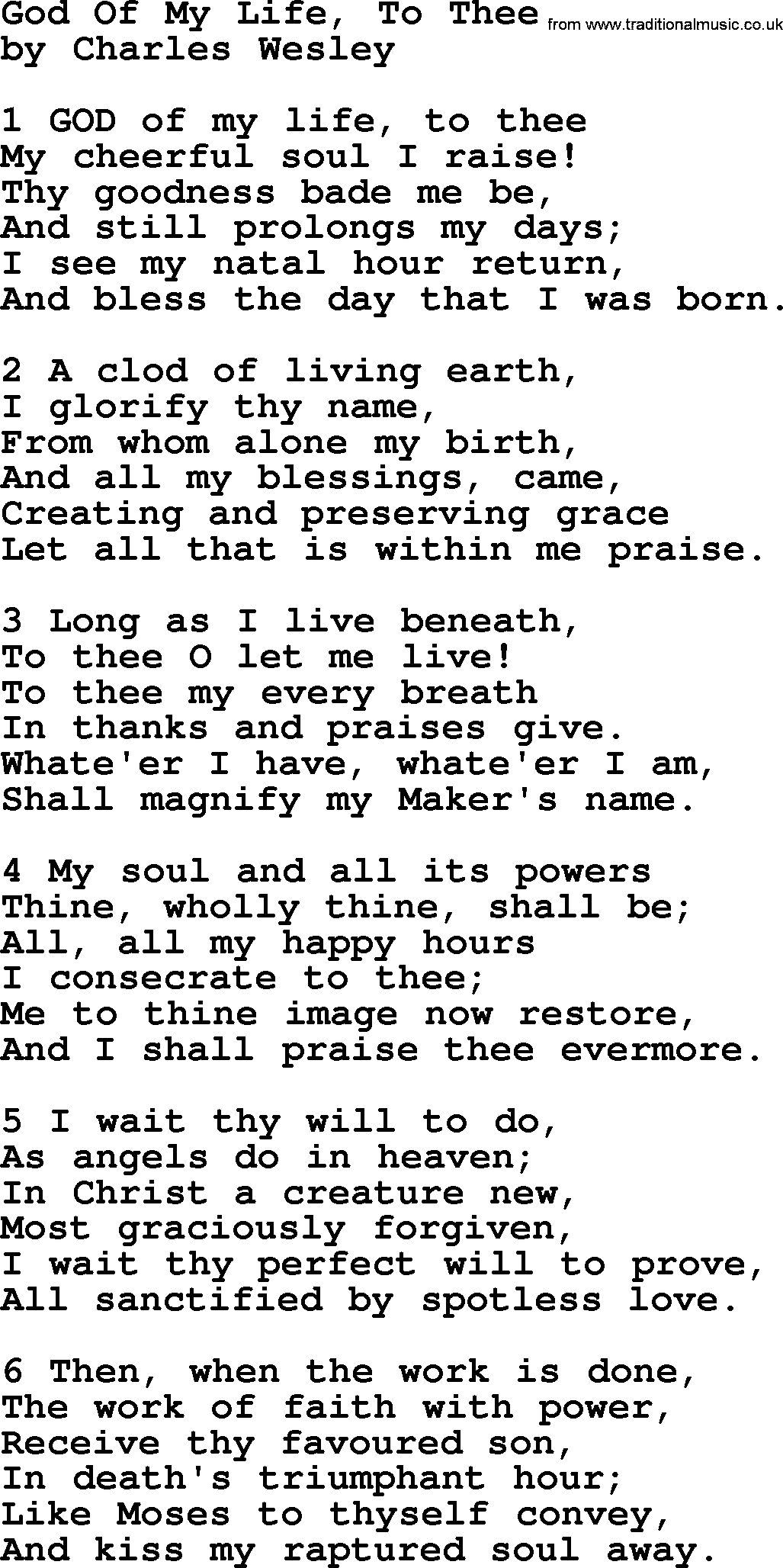 Charles Wesley hymn: God Of My Life, To Thee, lyrics