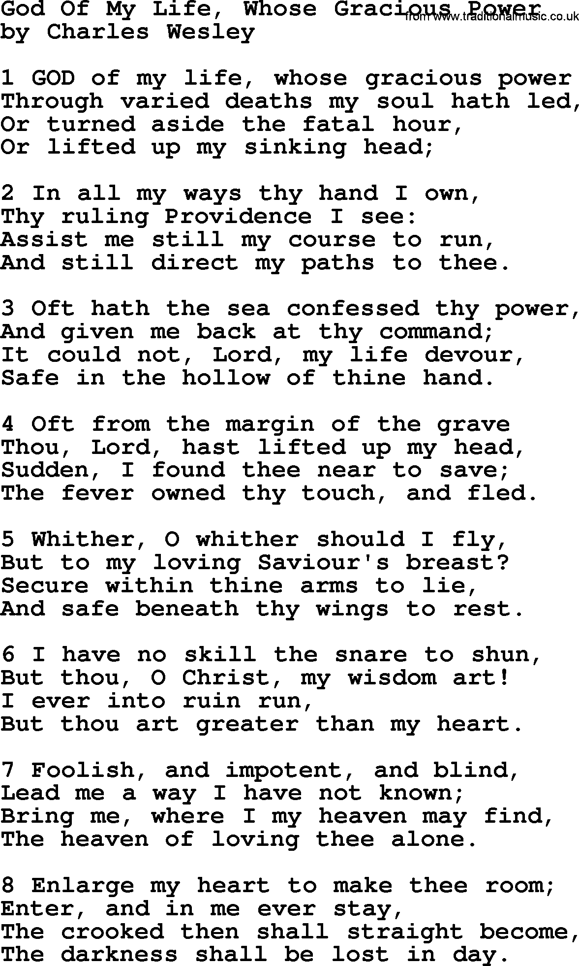 Charles Wesley hymn: God Of My Life, Whose Gracious Power, lyrics