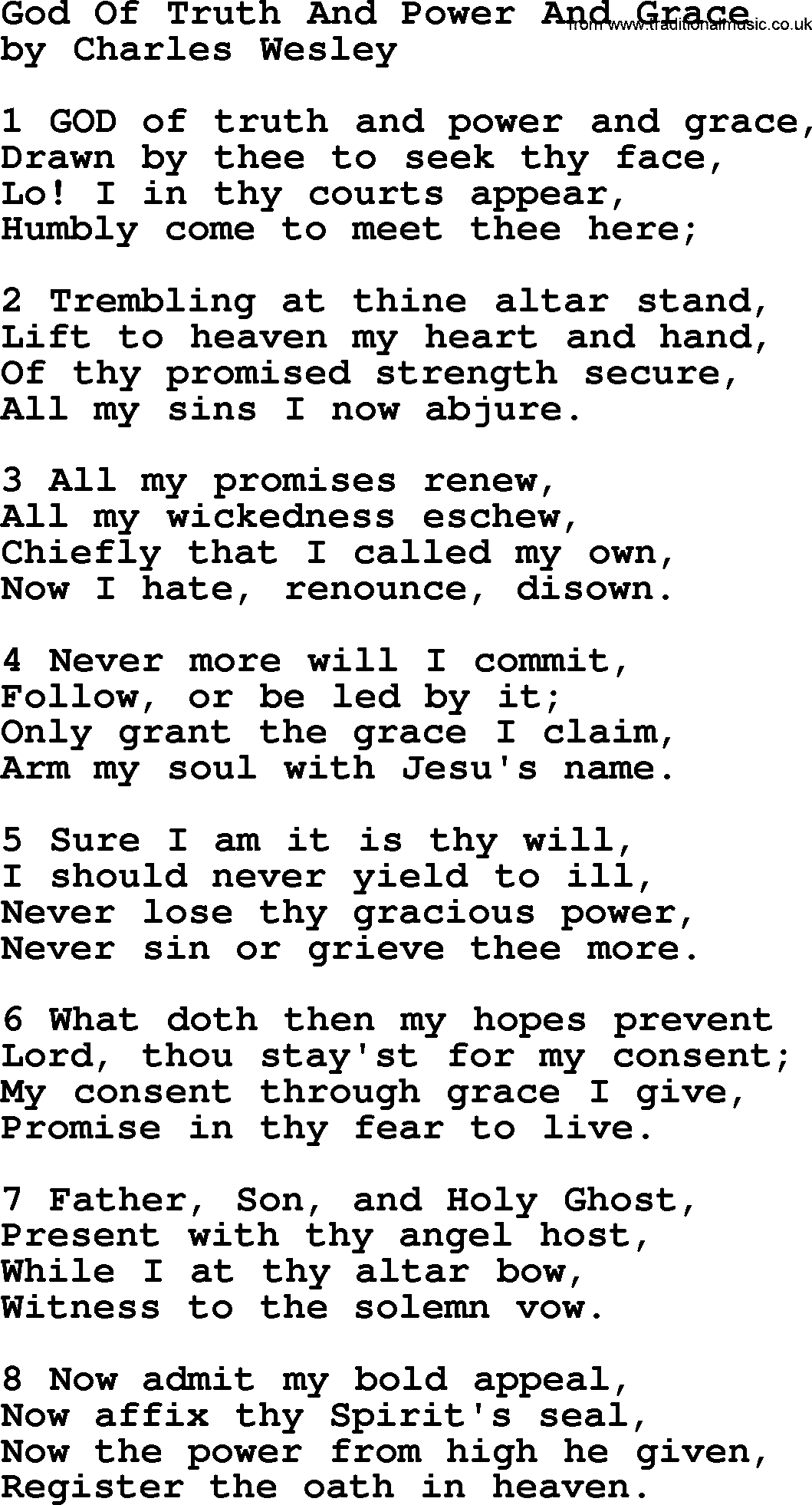 Charles Wesley hymn: God Of Truth And Power And Grace, lyrics