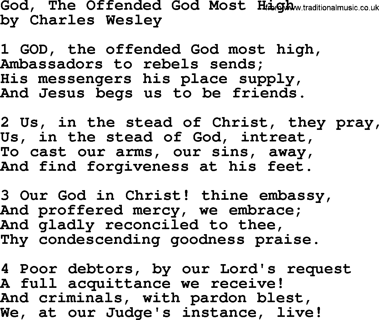 Charles Wesley hymn: God, The Offended God Most High, lyrics