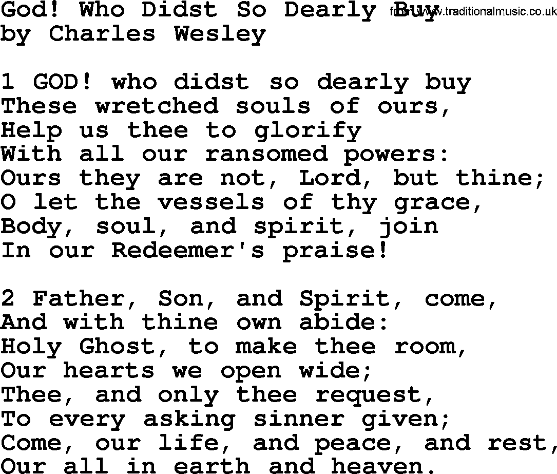 Charles Wesley hymn: God! Who Didst So Dearly Buy, lyrics