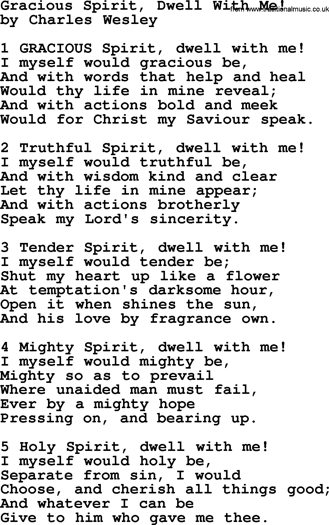 Charles Wesley hymn: Gracious Spirit, Dwell With Me!, lyrics