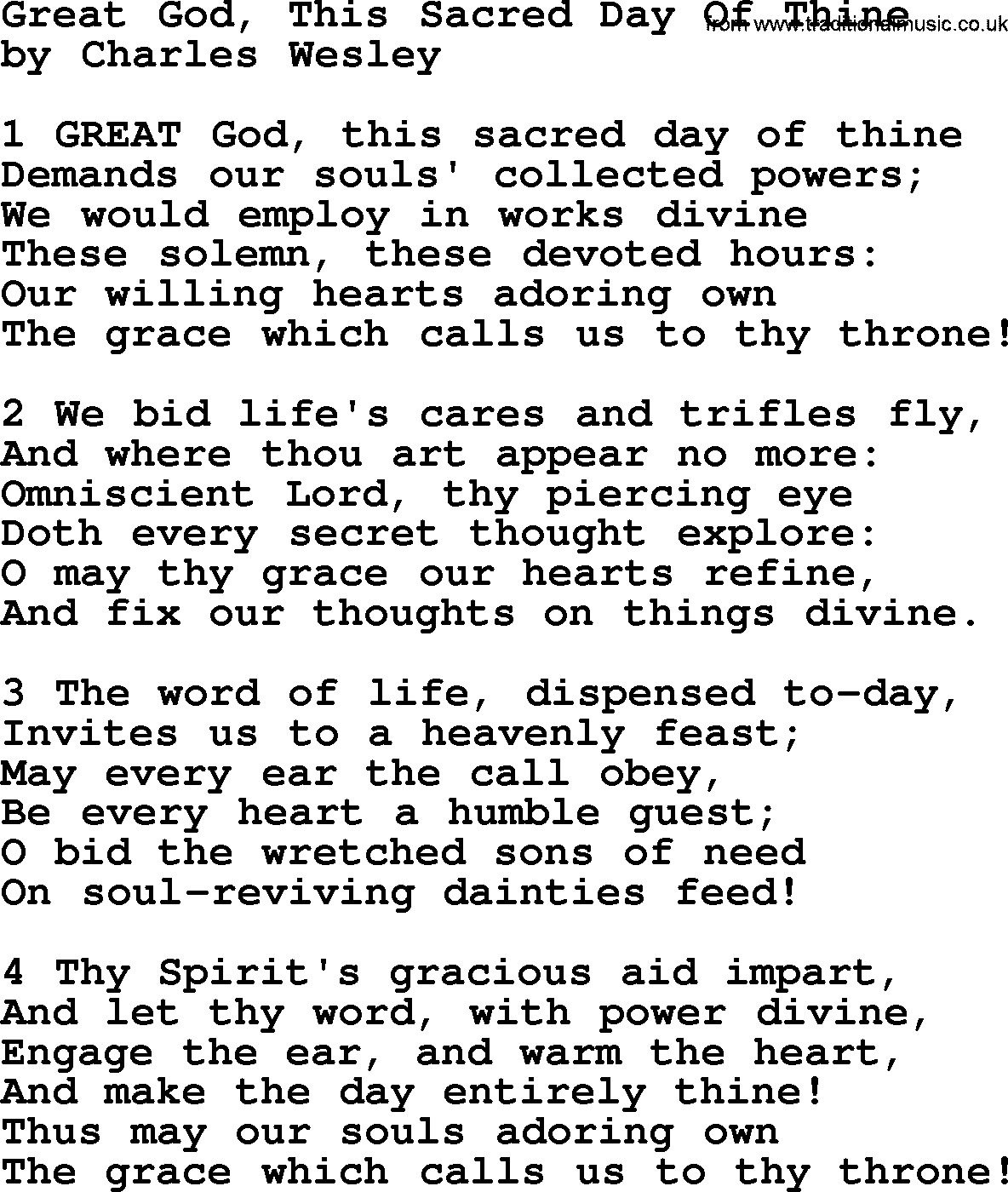Charles Wesley hymn: Great God, This Sacred Day Of Thine, lyrics