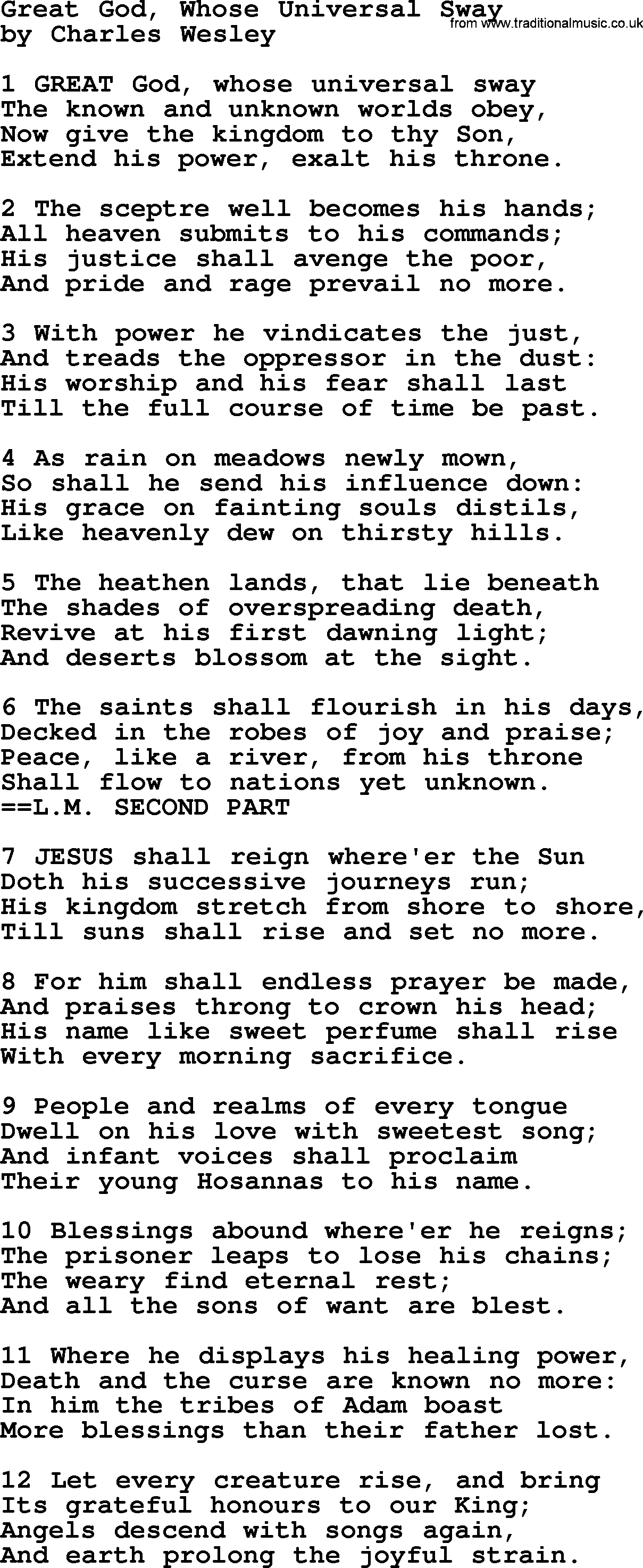 Charles Wesley hymn: Great God, Whose Universal Sway, lyrics