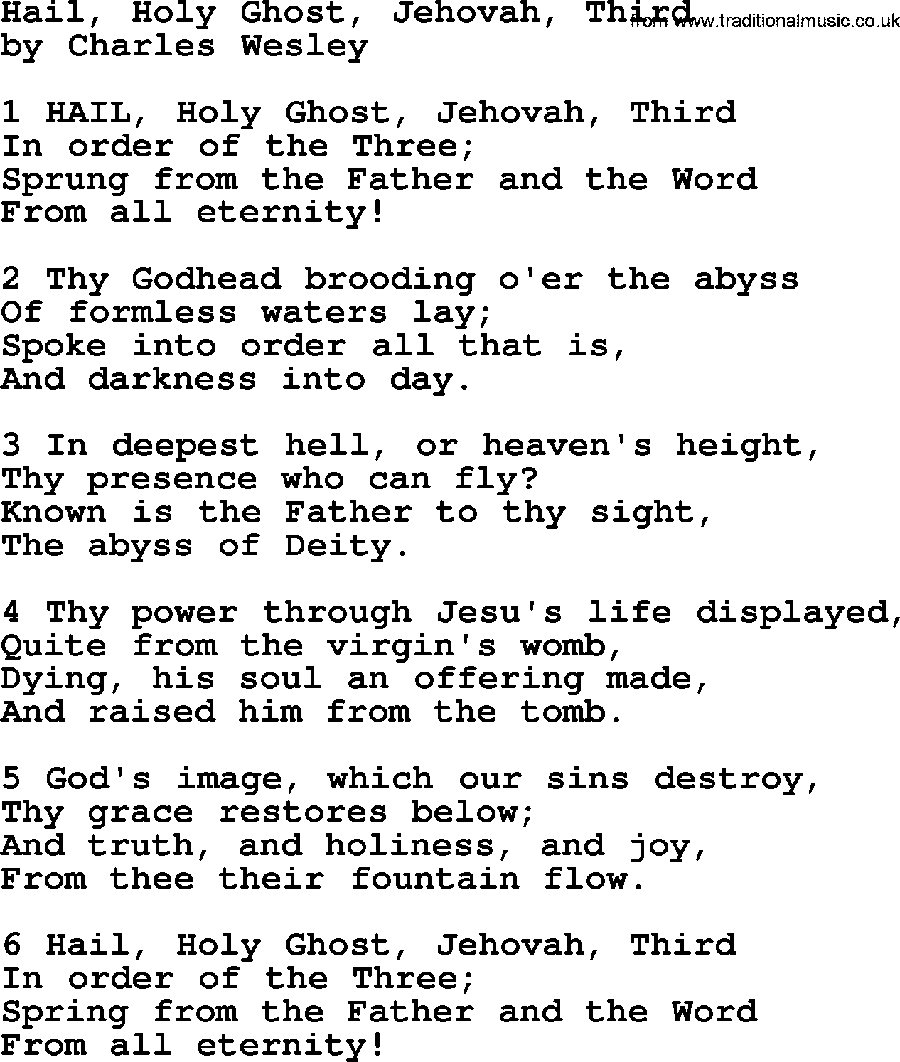 Charles Wesley hymn: Hail, Holy Ghost, Jehovah, Third, lyrics