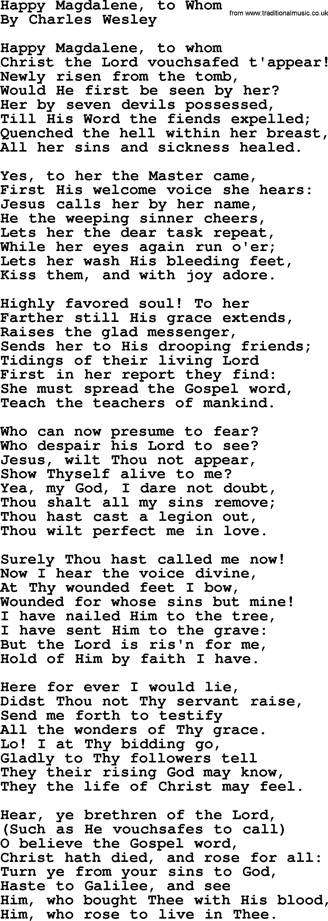 Charles Wesley hymn: Happy Magdalene, to Whom, lyrics