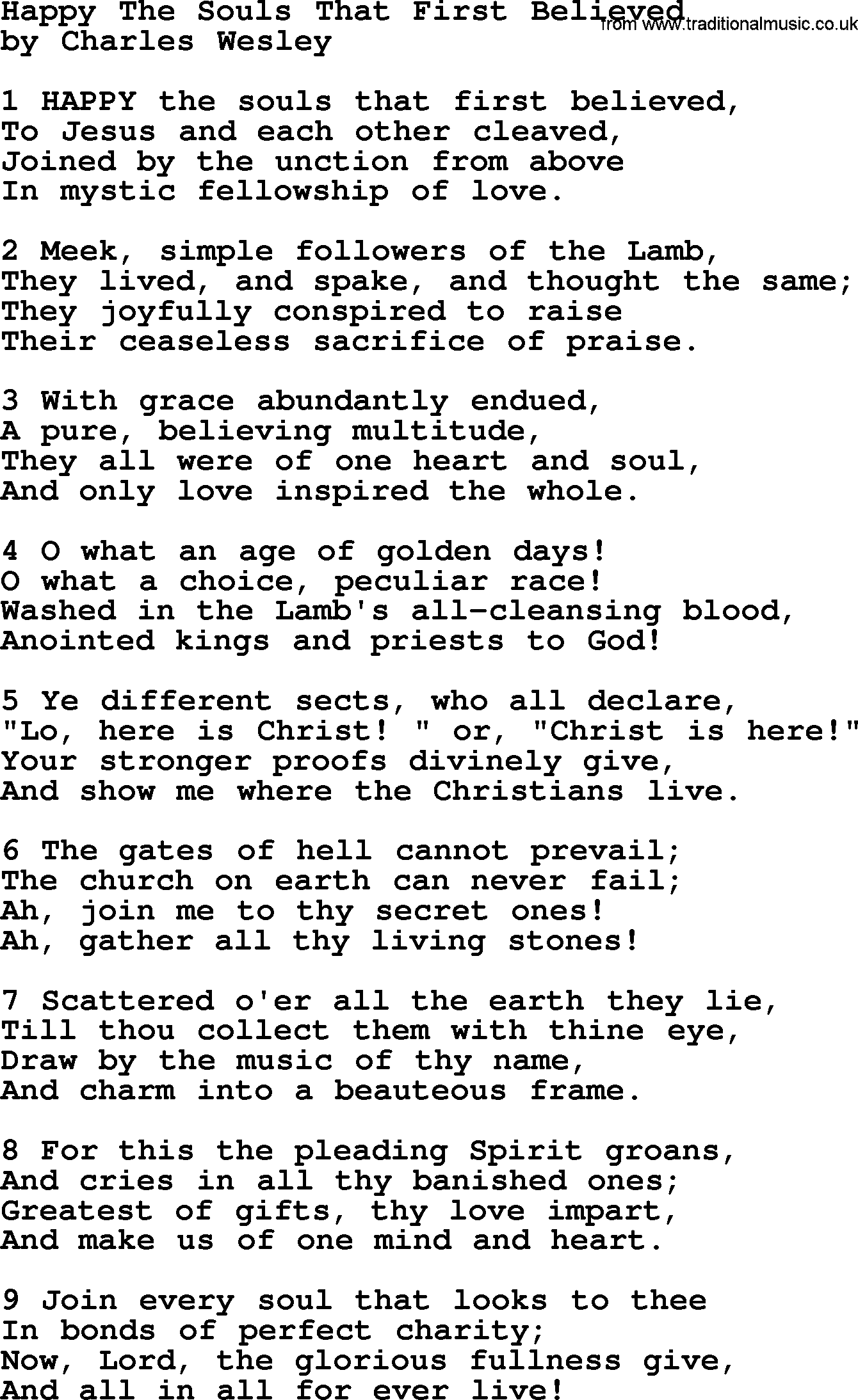 Charles Wesley hymn: Happy The Souls That First Believed, lyrics