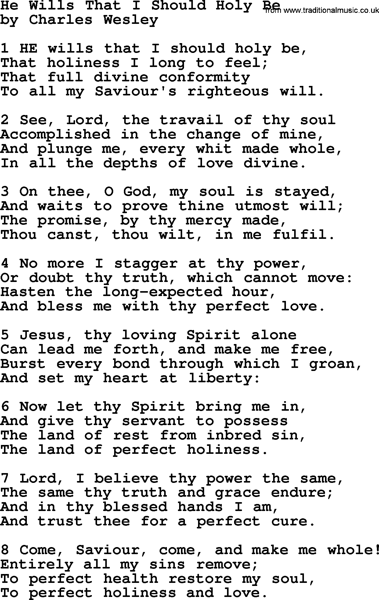 Charles Wesley hymn: He Wills That I Should Holy Be, lyrics