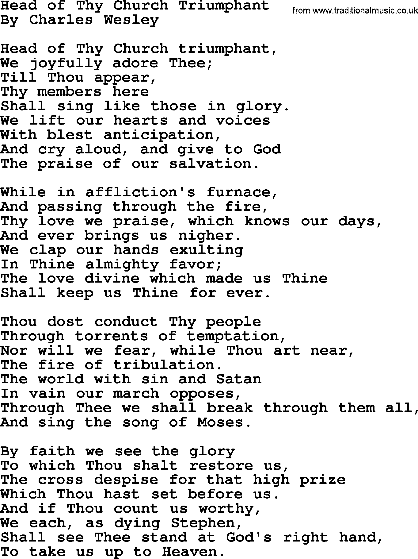 Charles Wesley hymn: Head Of Thy Church Triumphant, lyrics