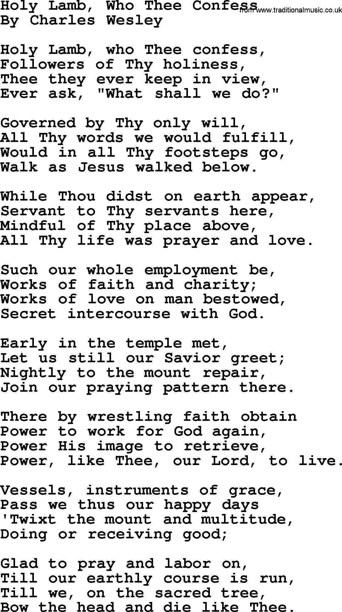 Charles Wesley hymn: Holy Lamb, Who Thee Confess, lyrics