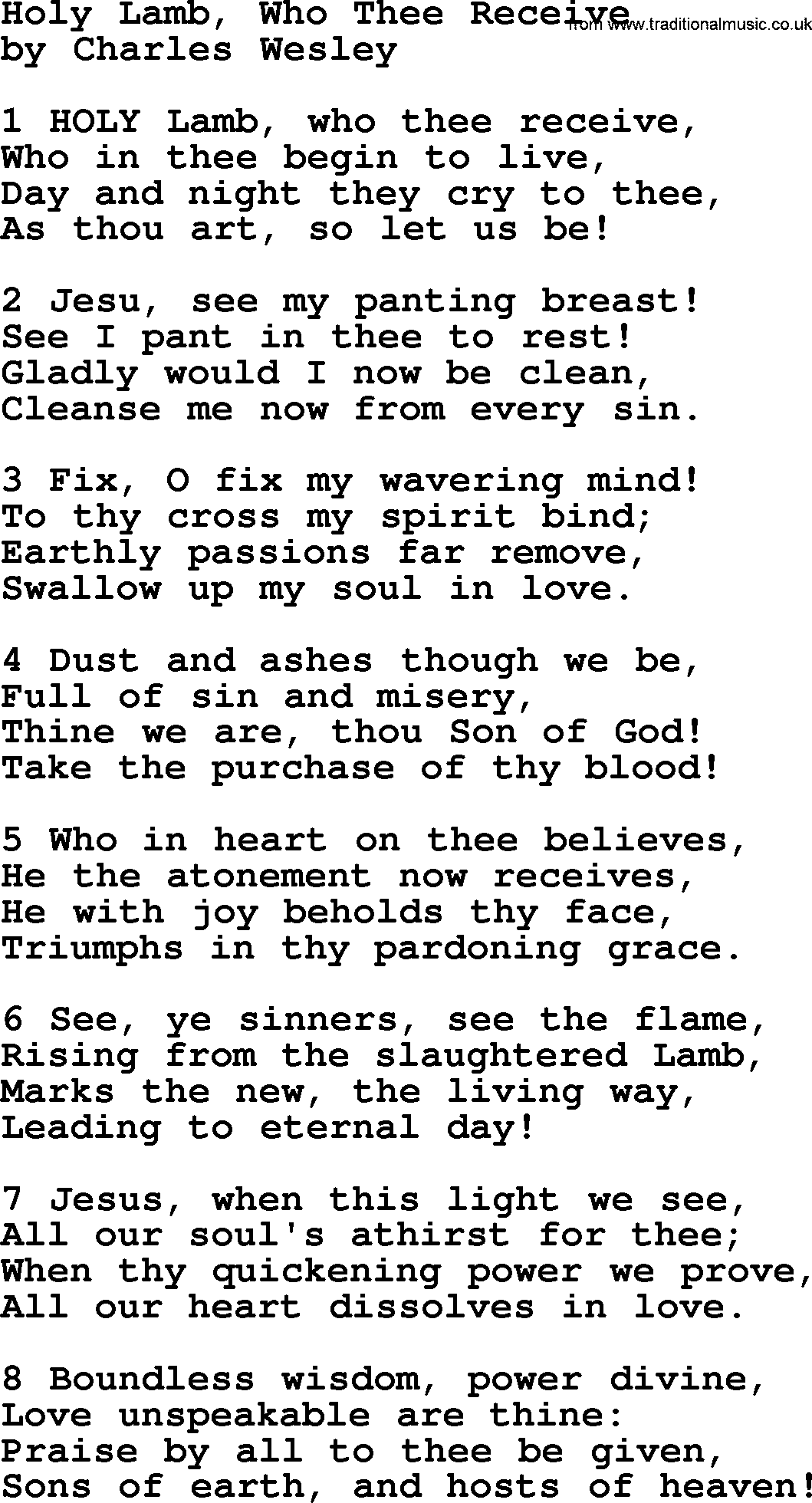 Charles Wesley hymn: Holy Lamb, Who Thee Receive, lyrics